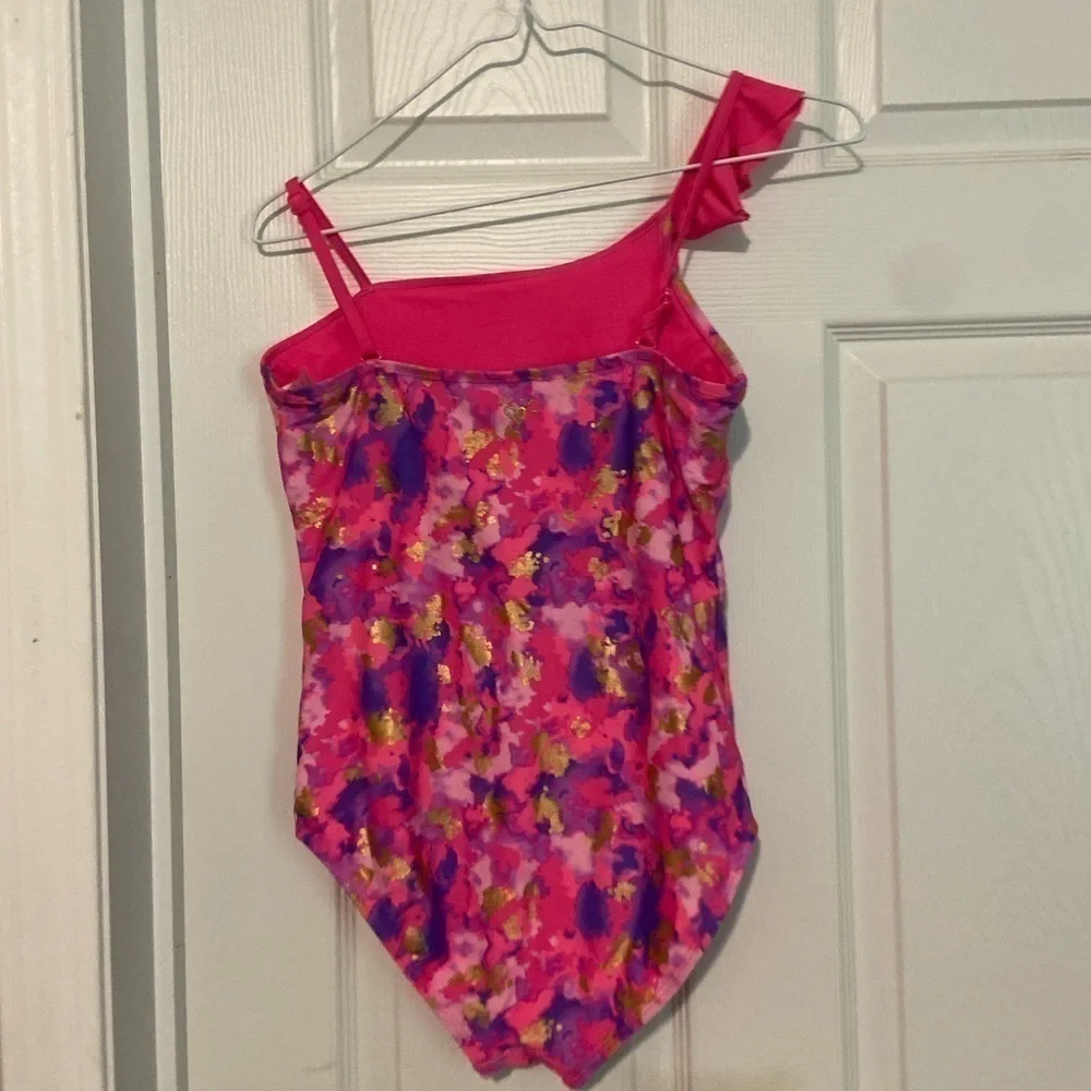 justice Sz 12 Plus Girls One Piece Bathing Suit Pink Purple Gold Swim Wear  GUC